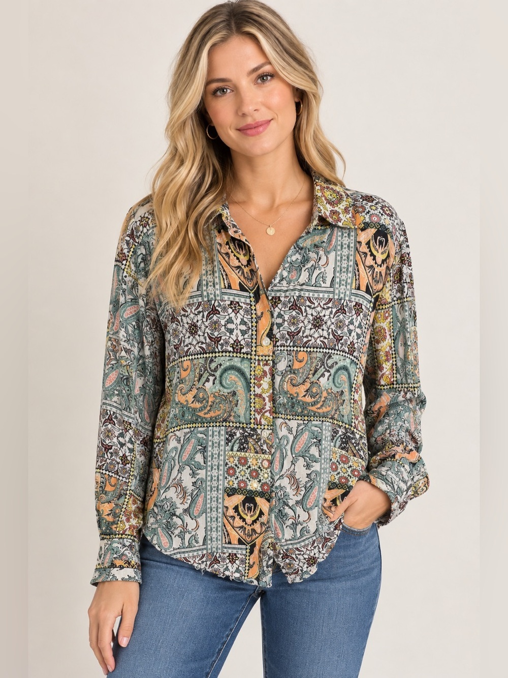 Jane and Delancey Paisley Patchwork Button-Down in Green, Peach & Black Size M